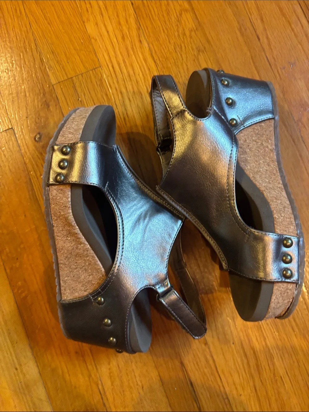 Corky’s Carley Metallic Bronze Wedge Sandals with Stud Detail - Women Size 6